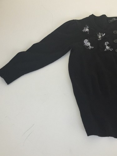 Speak 2 Me Damen Größe L schwarz vorne geknöpft Strickjacke Blumenapplikationen 3/4-Arm - Bild 2 von 10