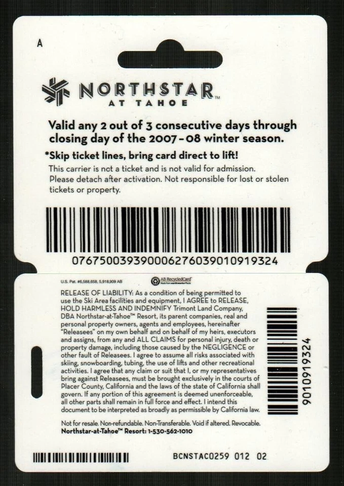 NORTHSTAR AT TAHOE Downhill Skier ( 2007 ) Lift Ticket Card ( $0 - Expired ) - Image 2 of 2