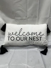Decorative Pillow Size 10 x 18 Inches Welcome To Our Nest Guest Bed Pillow Beige