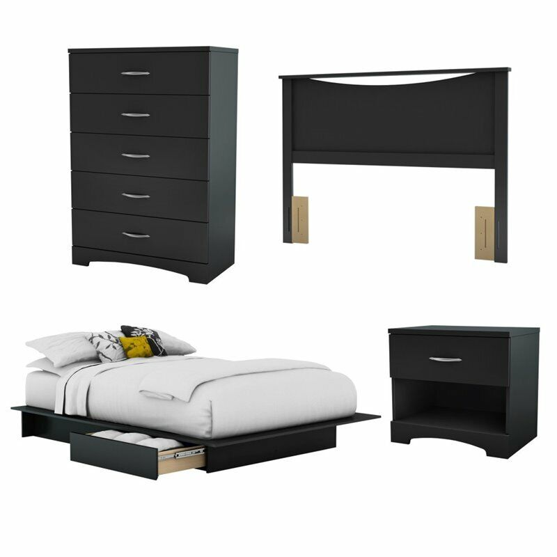 South Shore Step One 4 Piece Full Bedroom Set in Pure Black