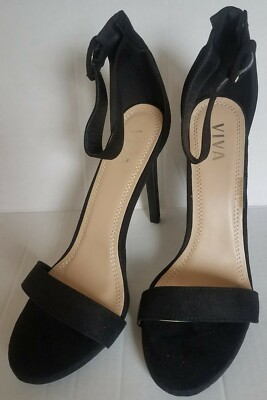 VIVA High Heels Open Toe Black Shoes Buckle Strappy Sandals 40/9.5