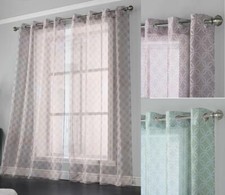 1 Pair HARPER Geometric Linen Effect Eyelet Ringtop Header Voile Curtain Panels
