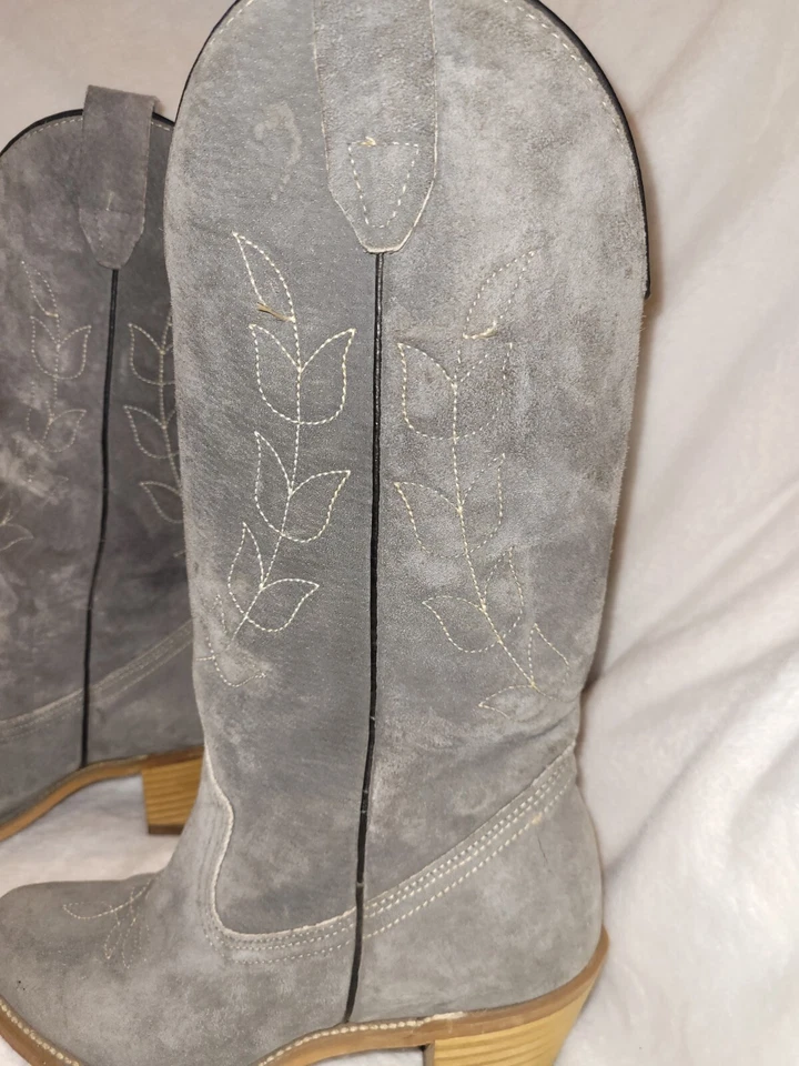 Botas de cowgirl vintage anos 70 Wolverine feminina couro 5,5M cinza floral - Imagem 3 de 4