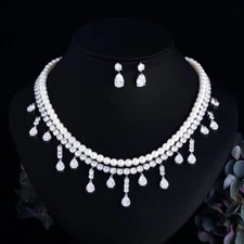 Silver Plated CZ Multiple Tassel Pearl Choker Prom Necklace Earrings Jewelry Set