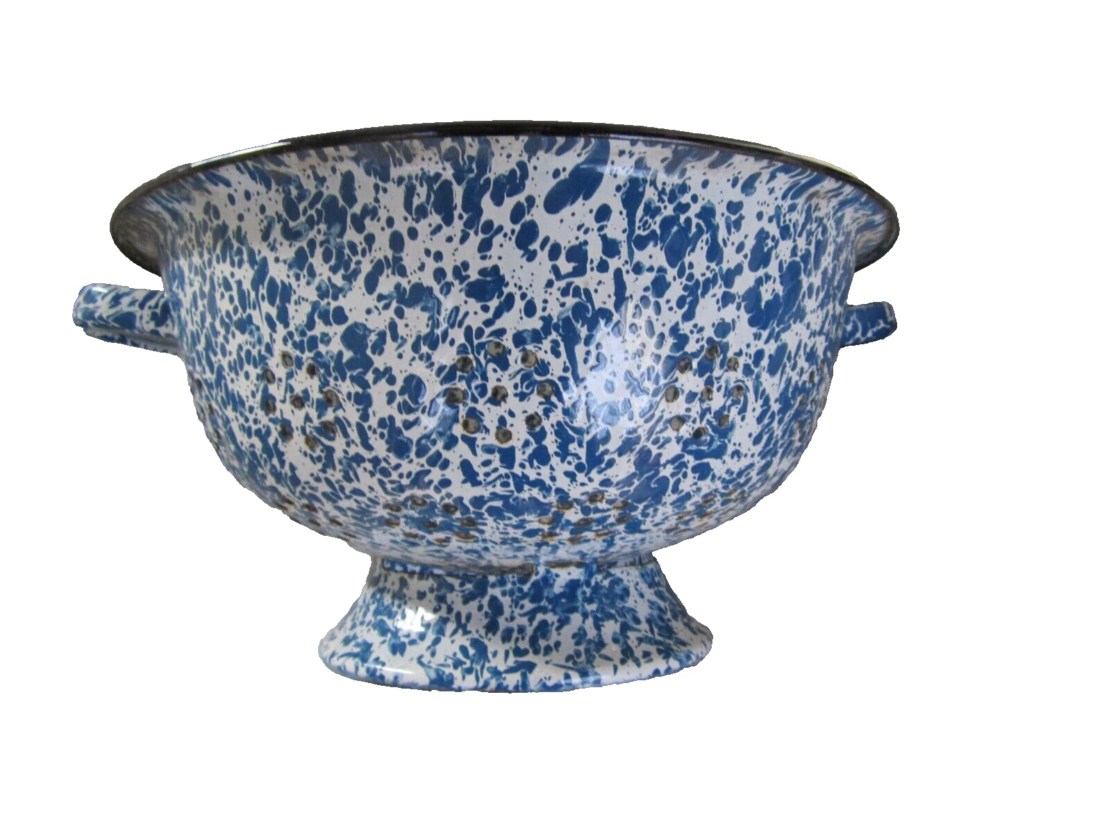 Enamelware Colander Blue & White Spatterware Handled Footed Country Decor