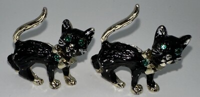 Vintage Pair Black Cat Brooch  Pin Nodder Hinged Head  Scatter Green Rhinestone