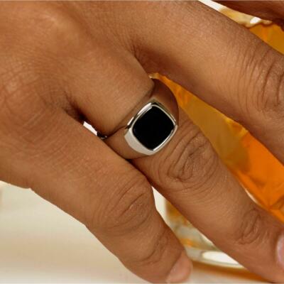 Herren Ring Silber Edelstahl 750 Weißgold Vergoldet Onyx Stein Schwarz R6047DS