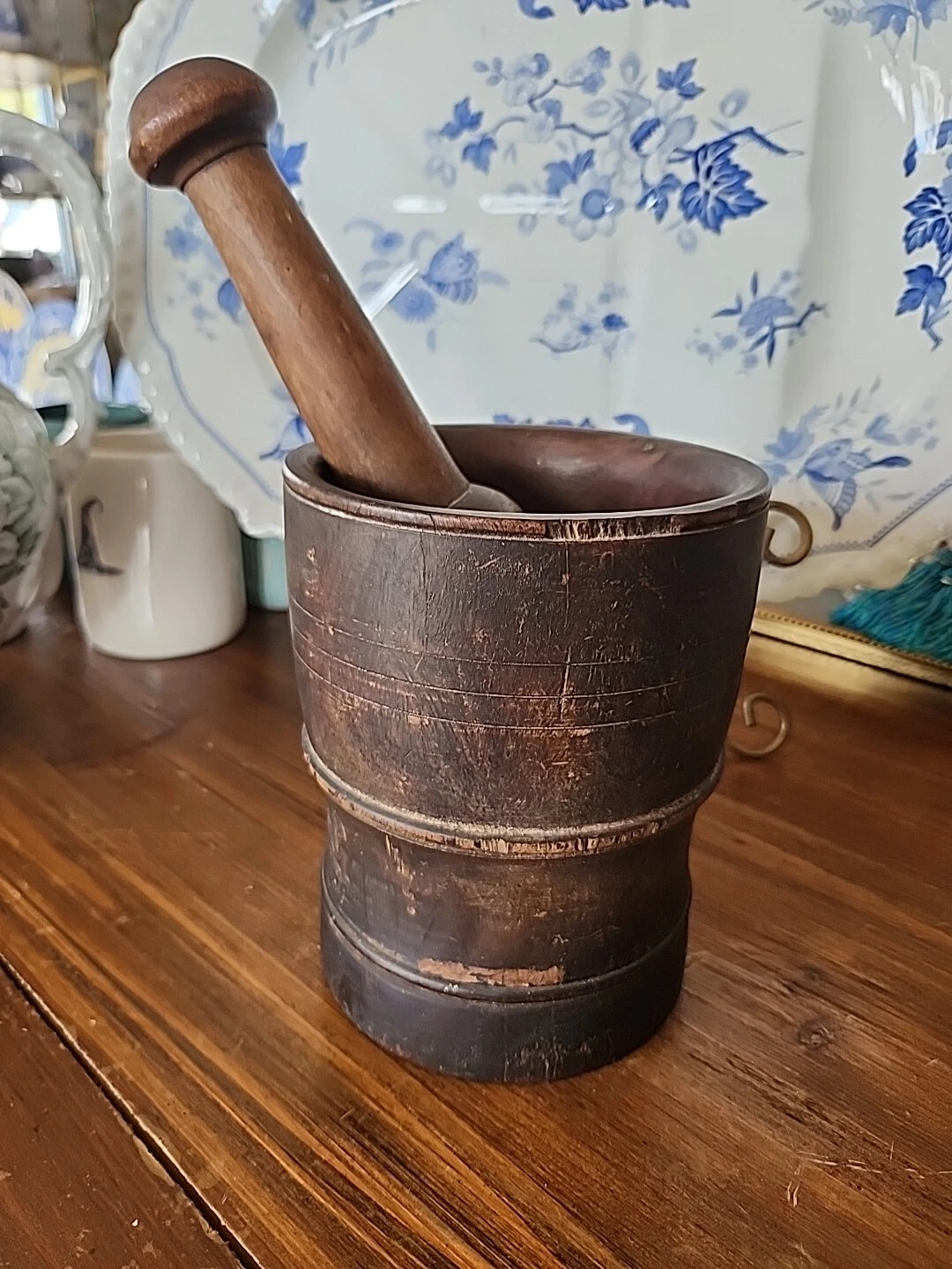 Nice! HUGE! antique Primitive 19th C Wooden Mortar & Pestle Apothecary Patina