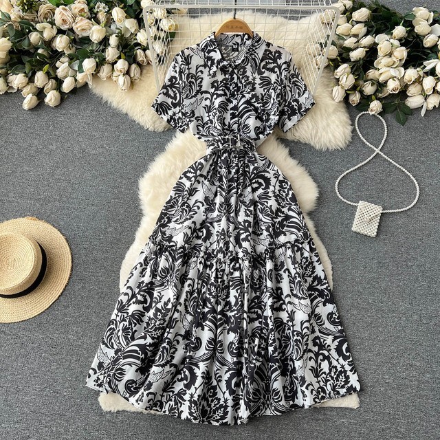Summer Holiday Flower Shirt Dress Women's Short Sleeve Turn Down