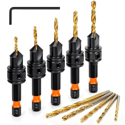 Countersink Drill Bit Set, 11pcs Countersink Drill Bits#4, #6, #8, #10, #12, Tit