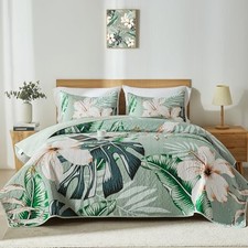 King Quilt Bedding Set,White King/Cal King 96"x110" Sage Green Botanical