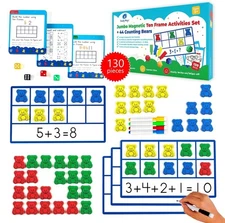 130 PCS Jumbo Magnetic Ten Frames Activity Set with Counting Bears, Math Manipul