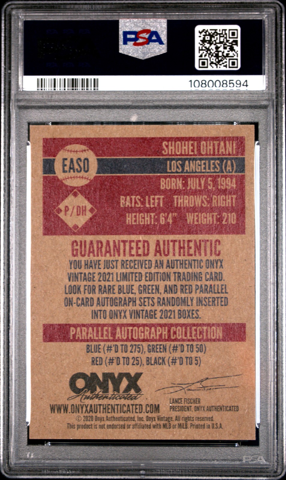 2021 ONYX VINTAGE EXTENDED AUTO-RED INK #EASO SHOHEI OHTANI PSA 10 view 2