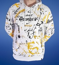 Avenue George V Paris Men's Long Sleeve Rhinestone Hoodie White / Gold Sz LG NWT