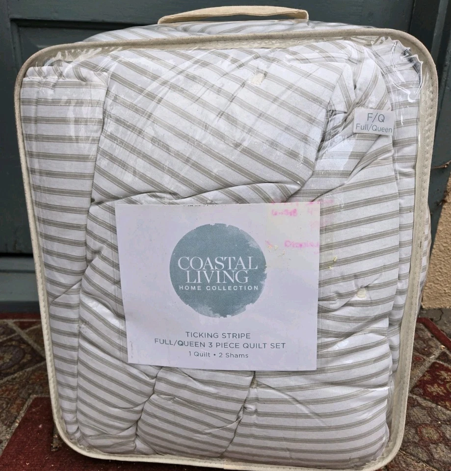 Conjunto de 3 peças Coastal Living Quilt & 2 Shams Full/Queen 90" x 88" listras tique-taque - Imagem 3 de 3