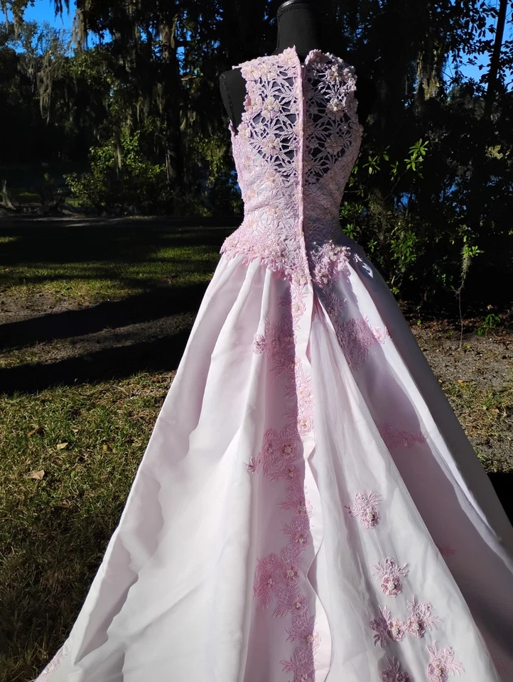 Vestido de novia rosa Oleg Cassini mangas encaje cuentas tul sobre tren de regazo Foto 3 de 4