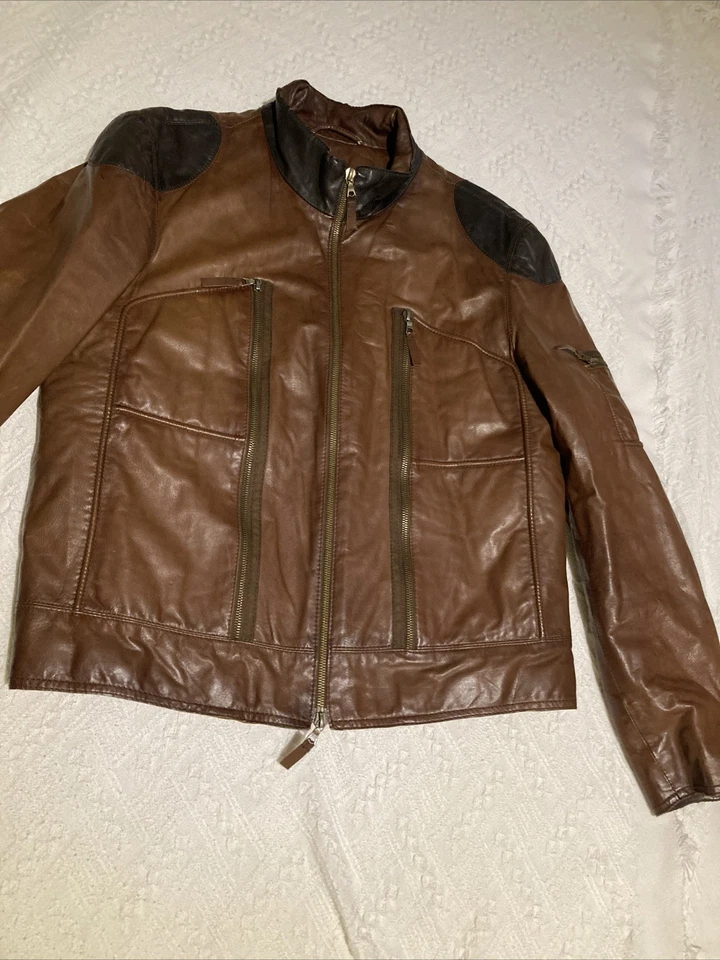 La Matta Men’s Biker Brown Leather Jacket Italy Size 52,US L - Image 3 of 4