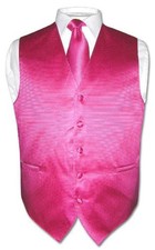 Men's Dress Vest NeckTie Hot Pink Fuchsia Woven Neck Tie Horizontal Stripe Set