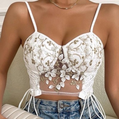 New Y2K Chic White Floral Lace-Up Crop Top size S
