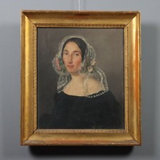 Dipinto Antico Ritratto di Giovane Donna Olio su Tela XIX Secolo Originale