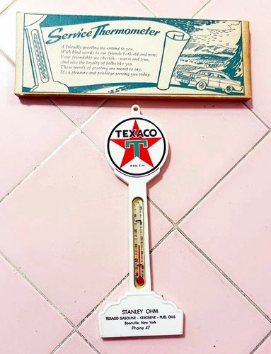 Vintage Plastic Texaco Thermometer Sign Pole Original Box Gas Oil Boonville NY