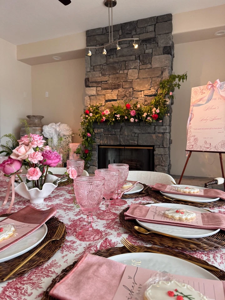 Toile Tablecloth French Colonial Home Decor Pink Blue Baby Wedding Shower Linens - Image 2 of 4