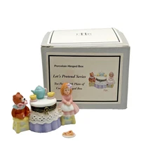 PHB Porcelain Hinged Box Tea Party With Plate Of Cookies Trinket Midwest ~ New