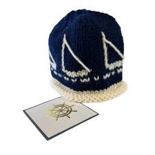Nautical Baby Hat with Sailboat Motif- Unisex -Hand Knit - New
