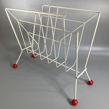 Vintage Atomic Wire Metal Magazine Rack 1960s White Red Ball Feet MCM Sputnik