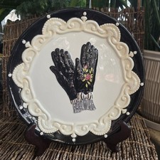 Vtg Victorian Style Feminine Plate Ladies Gloves Raised Scalloped Lace 10"