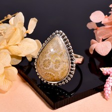 Natural Fossil Coral Ring 925 Sterling Silver Handmade Statement Rings Jewelry