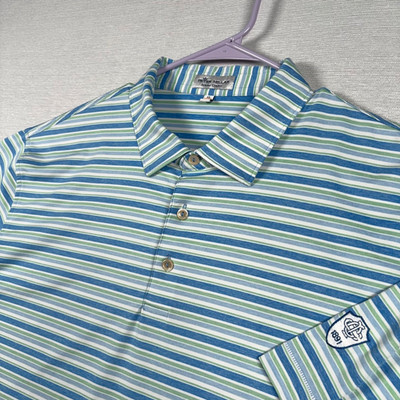 Peter Millar Summer Comfort Polo Shirt Mens XL Blue Green Striped ICC 1891 Logo