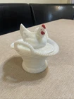 VTG Westmoreland Milk Glass Hen on Nest w/Double Handled Basket, Salt/Candy Dish