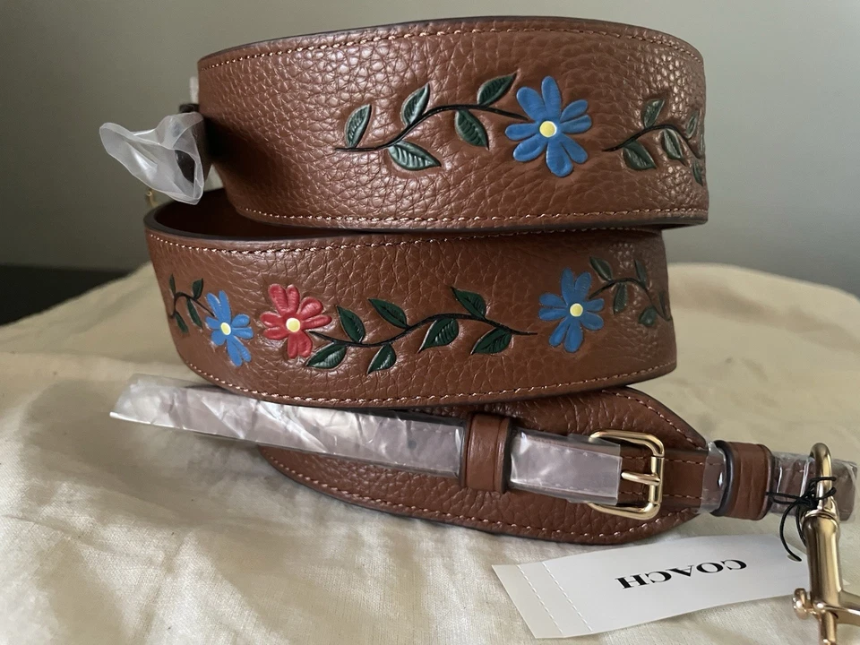 Correa Bandolera RARA COACH Novedad Cuero Marrón Flores en Relieve Correa para Guitarra Foto 4 de 4