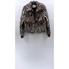 HOUSE OF SUNNY Women’s Brown-Cream Zebra Print Half-Button Teddy Sweater SZ 4