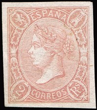 España 1865. Edifil x 73 A 2 Reales Salmon. Amplios margenes. Color fresco. Raro