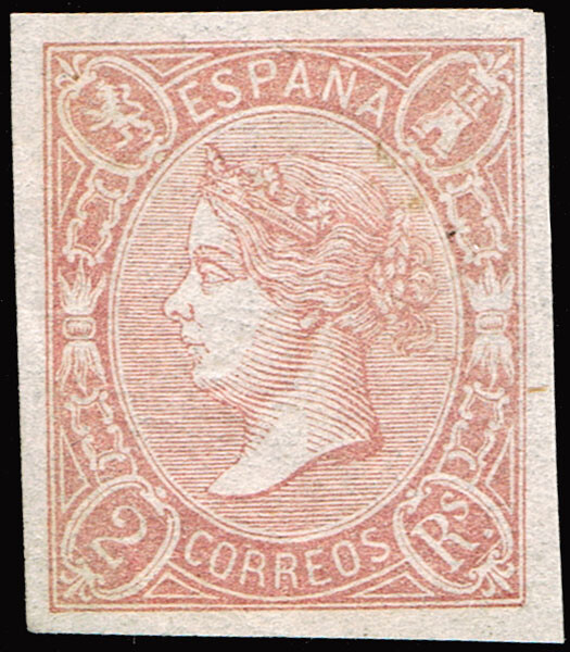 España 1865. Edifil x 73 A 2 Reales Salmon. Amplios margenes. Color fresco. Raro