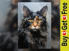 Intense Feline Gaze Art Print - Striking 5x7 Oil Painting for Cat Lovers