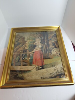 Vintage Framed Woven Silk Painting of A Woman Transporting Water 23''×21'' Rare!
