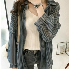 Donna Chiffon Camicia Blusa Righe Top Sciolto Casual con Bottoni Manica Lunga