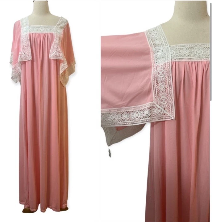 Glam 1970’s Pink Bohemian Maxi Slip Dress , White Lace Trim, Medium - Image 2 of 4