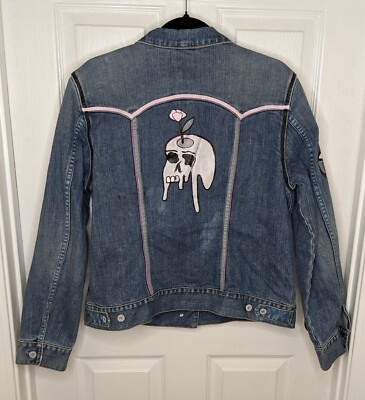 GAP Stretch Womens Denim Jacket Hand Painted Size XL Skull Flower Distressed VTG