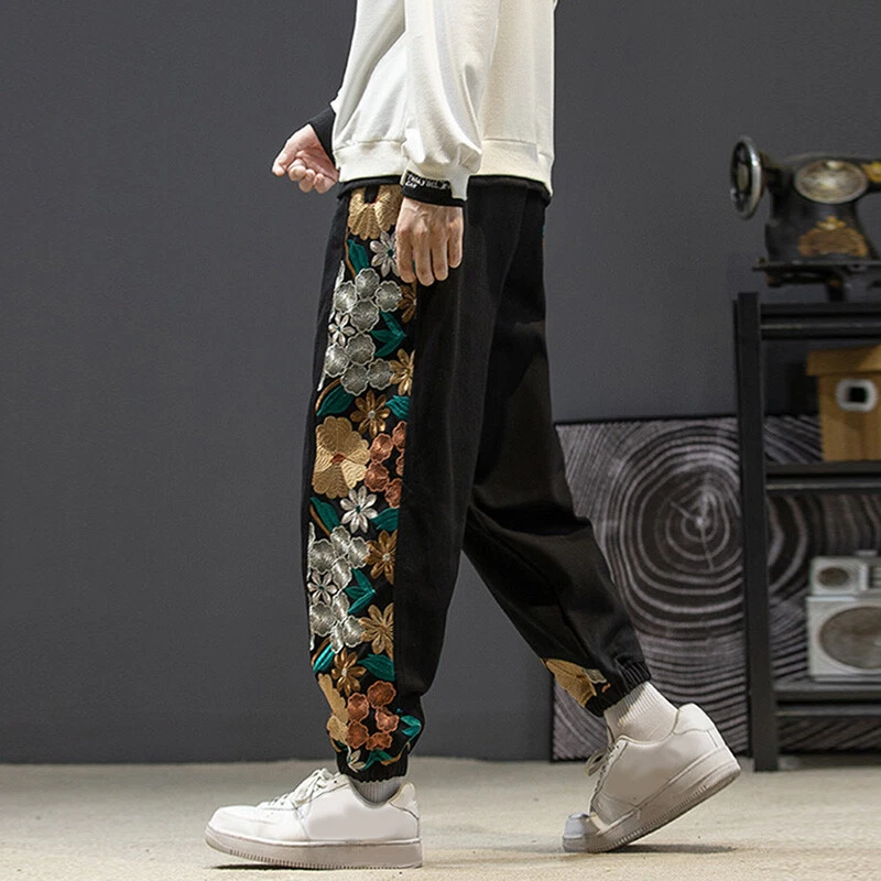 Men Embroidered Tapered Pants Elastic Waist Trousers Cuffed