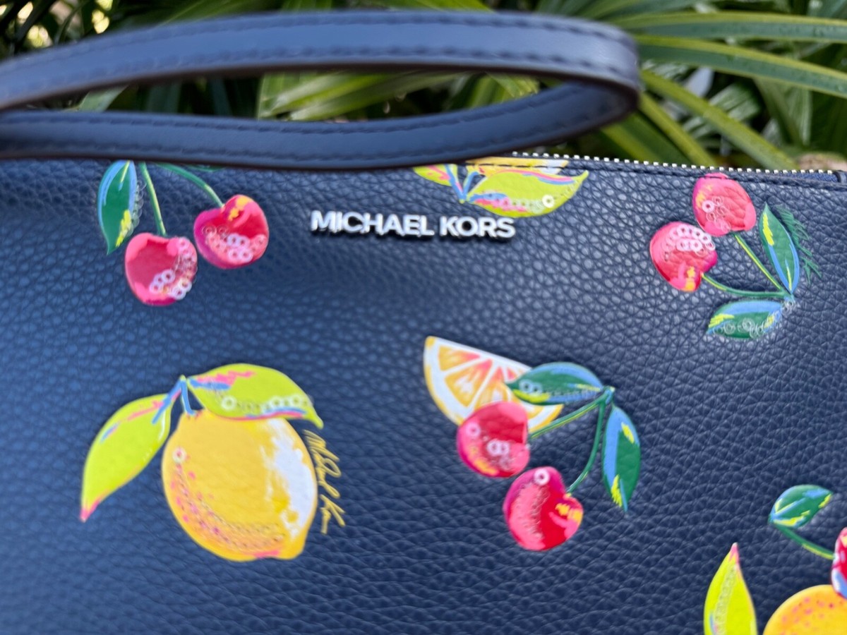 MICHAEL KORS JET SET TRAVEL XL CLUTCH WRISTLET FRUIT MELODY NAVY