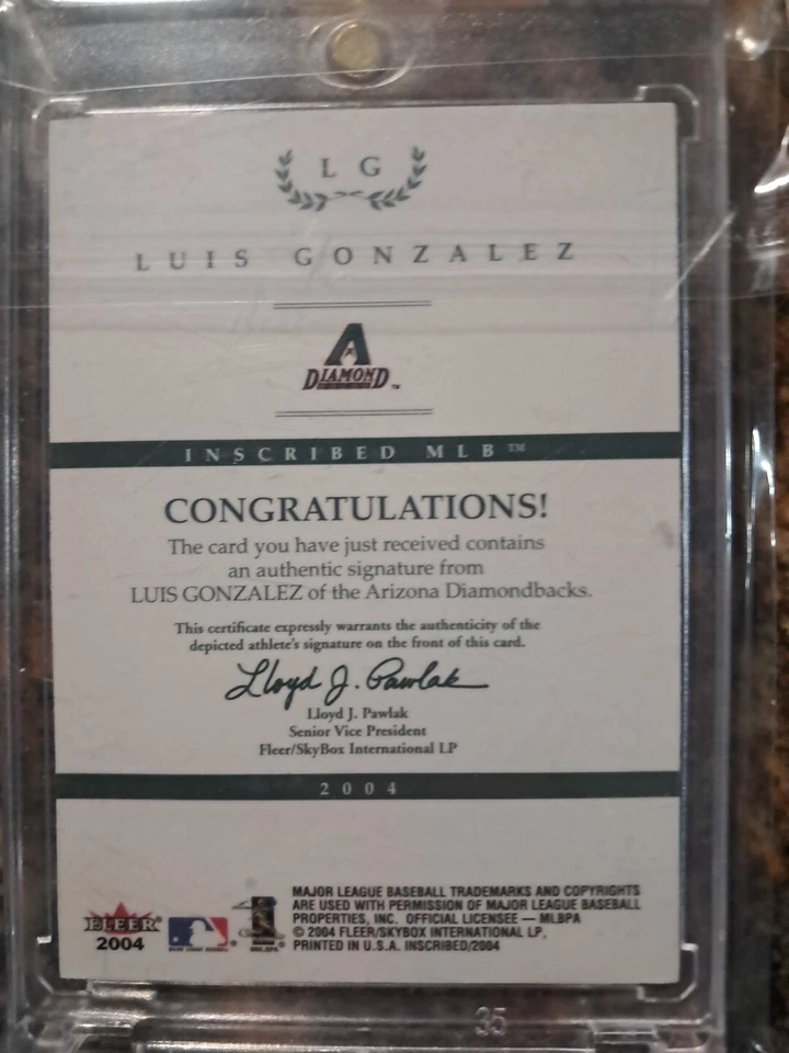 2004 Fleer inScribed Luis Gonzalez Auto Purple  #/20  - Image 2 of 2