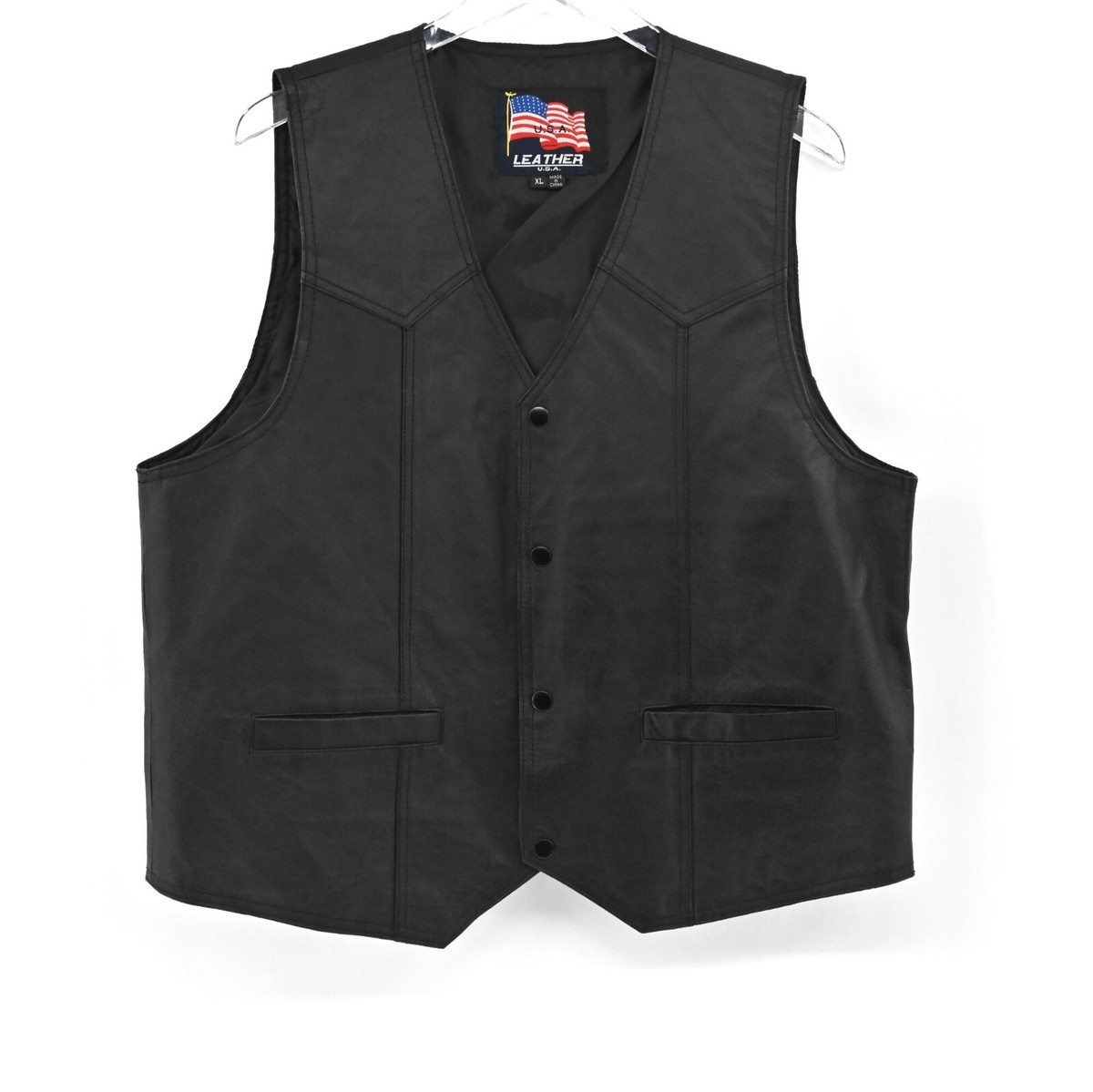 Vtg USA LEATHER Vest Mens Sz XL Black Leather US Army Patch