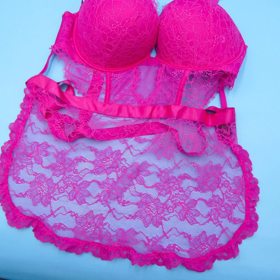 Lencería de peluche Victoria's Secret XXL rosa bomba con tiras delantal push up encaje VS Foto 3 de 4