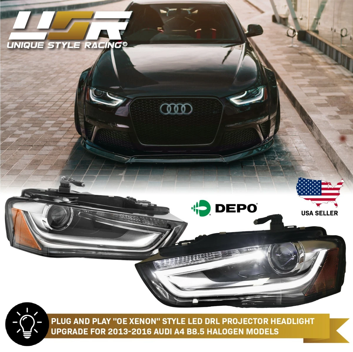 S4 Projector Look LED Light Bar DRL Headlight For 13 16 Audi A4 B8