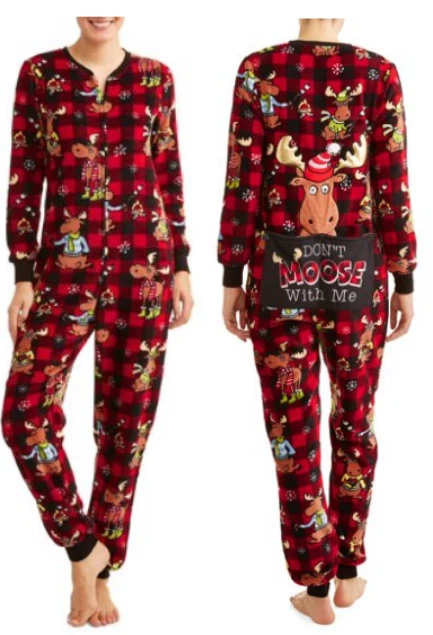 Moose Drop Seat Christmas Fleece Pajamas Union Suit Adult Womens