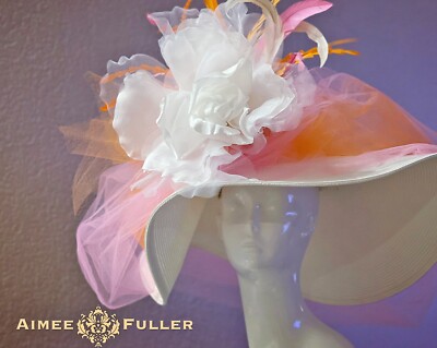 Wide Brim White Rose Orange Hot Pink Kentucky Derby Hat Breeders Cup Royal Ascot